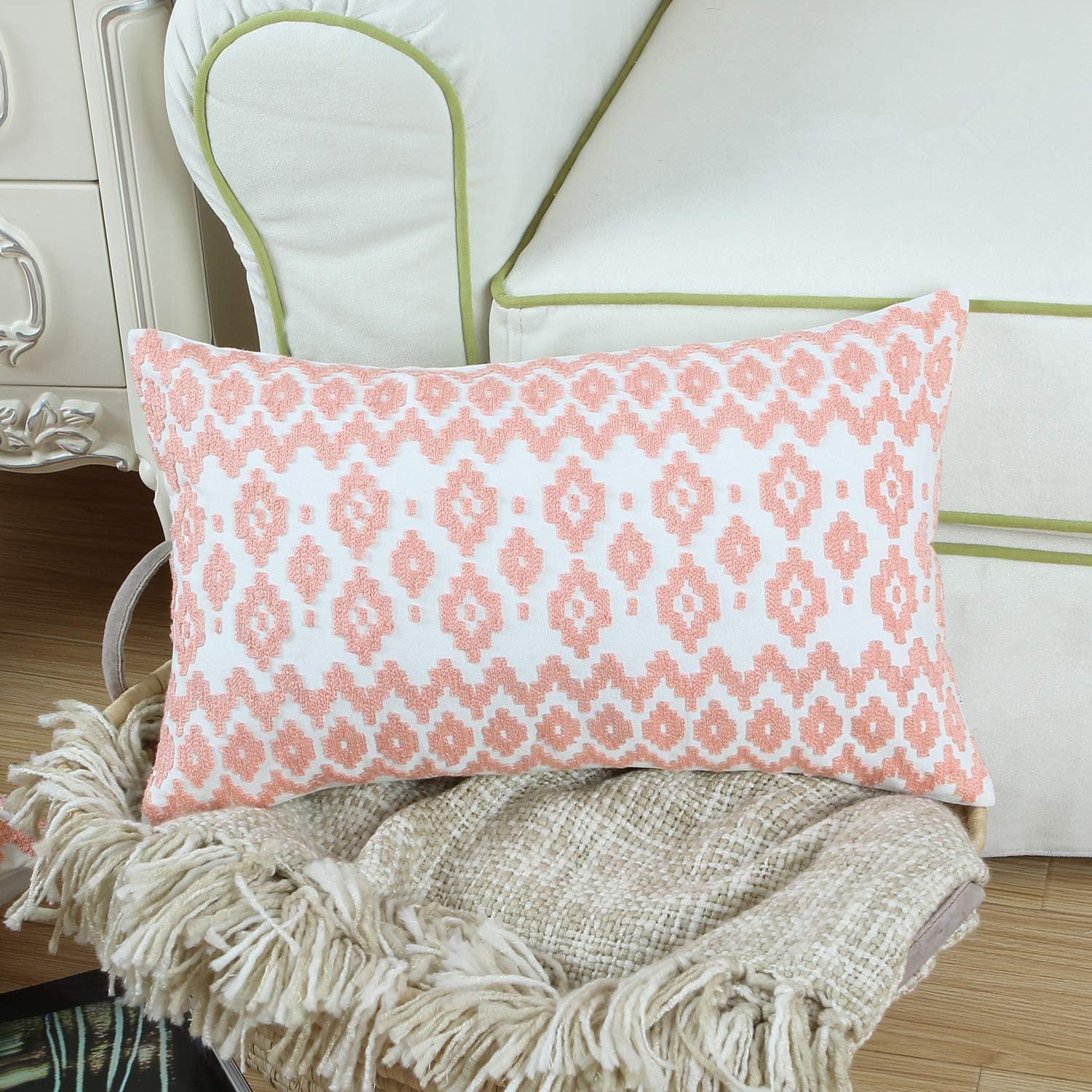 Embroidered Boho Beige Throw Pillow Cover — 20" - View 8