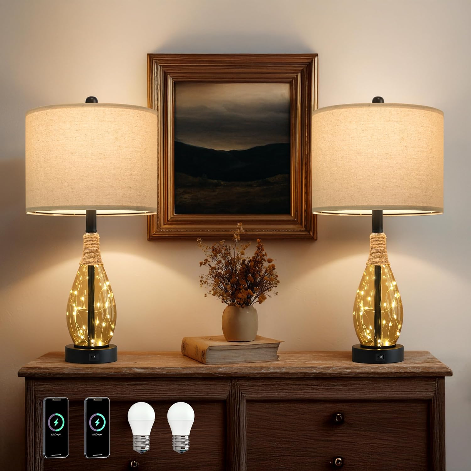 USB Boho Black Bedside Lamp — Set of 2 — Tea Brown
