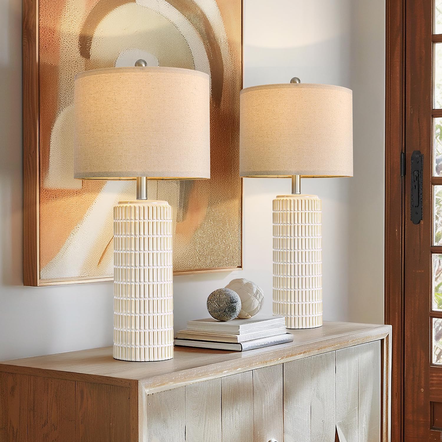 Dimmable Modern Beige Bedside Lamp — 23" — Beige and White - 27.5'' Ceramic Lamps
