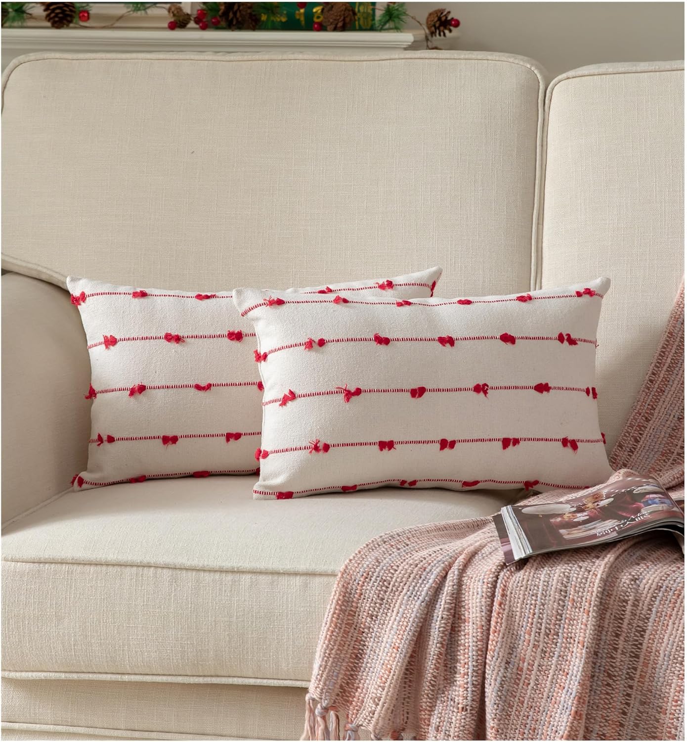 Boho Black Throw Pillow Cover — 22" — Red Off White