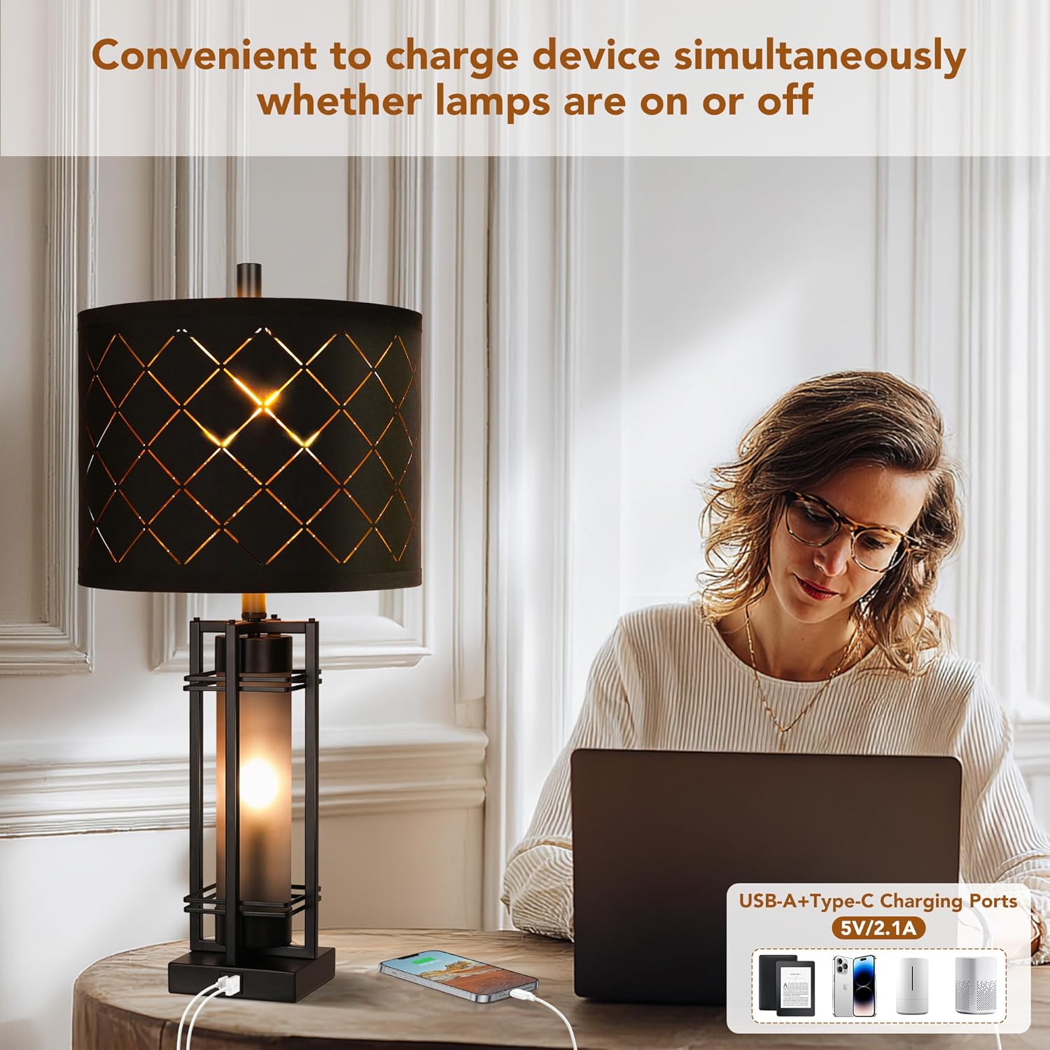USB Modern Metal Bedside Lamp — Set of 2 - View 3