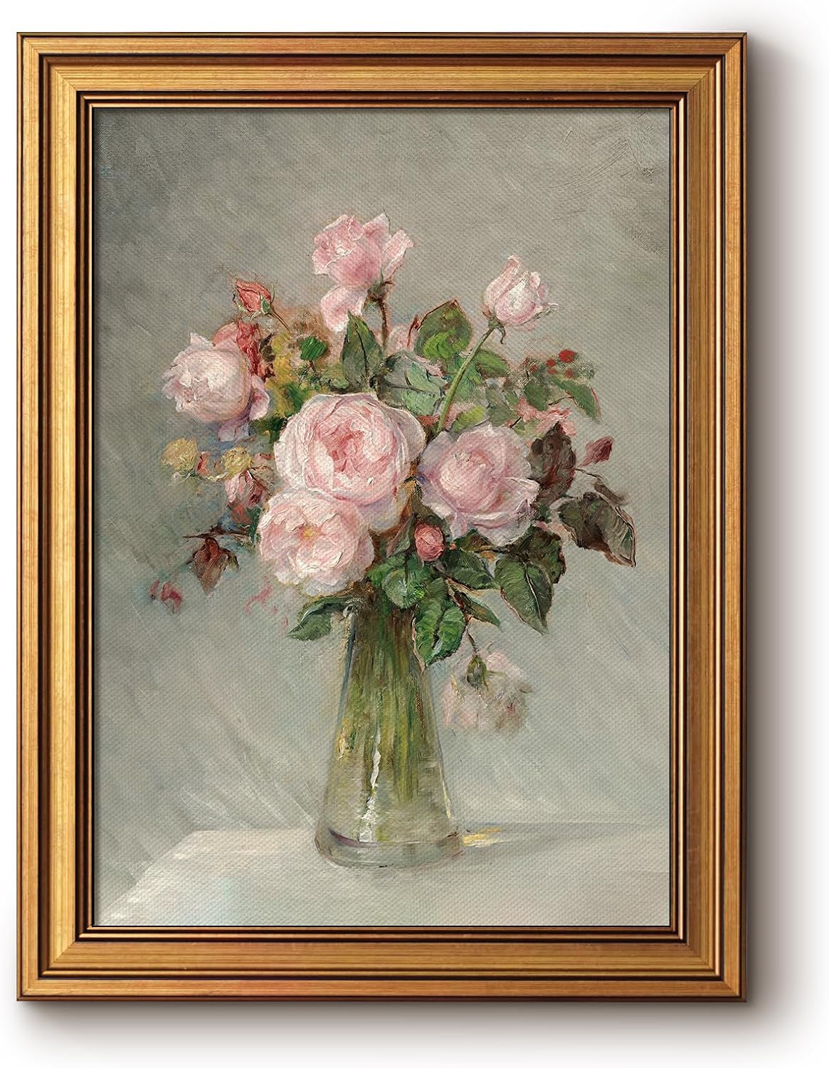 Framed Luxe Blue Wall Art — 16" — Pink Roses