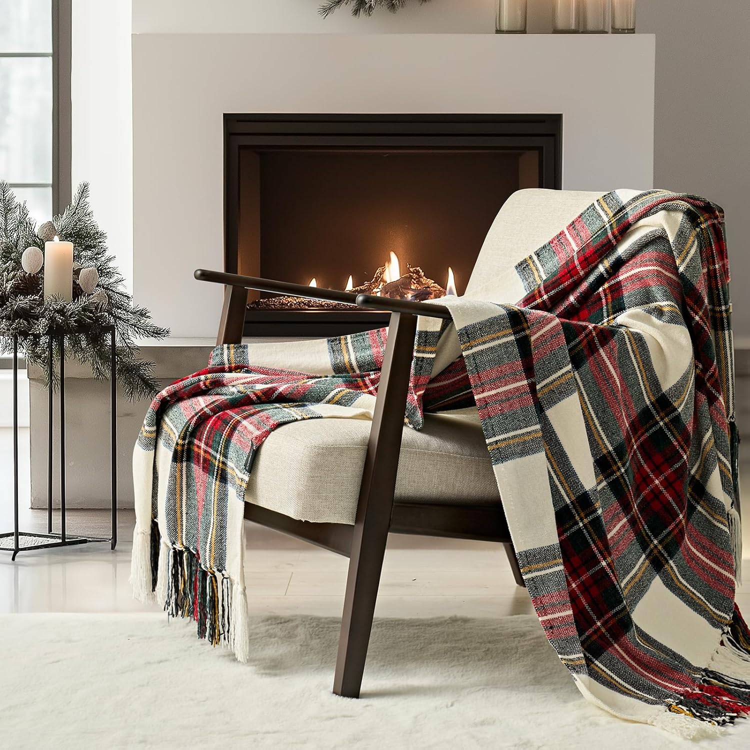 Knit Boho Beige Throw Pillow — 50" — Plaid Stewart Red & Green