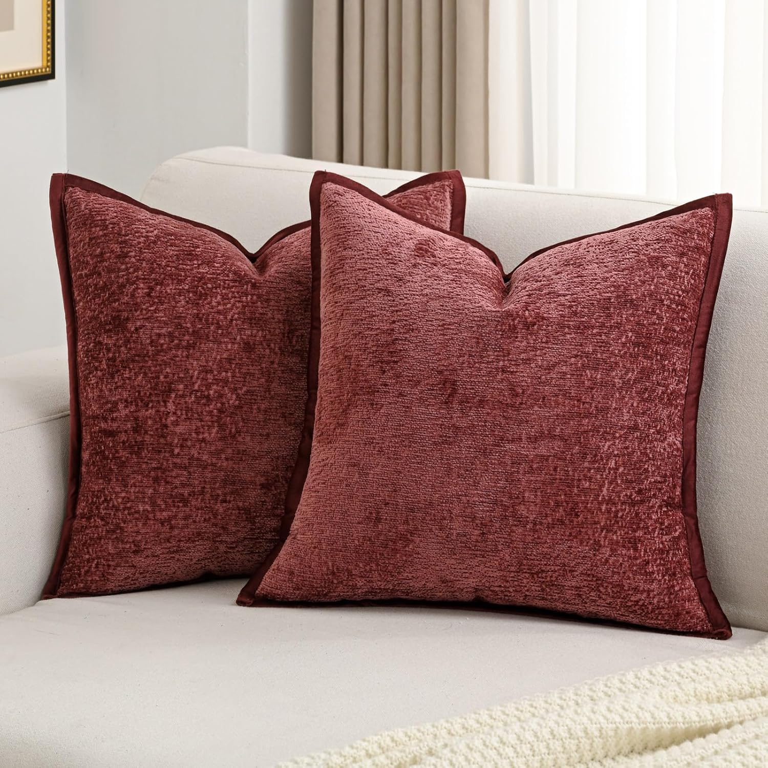 Chenille Beige Throw Pillow Cover — 20" — Burgundy