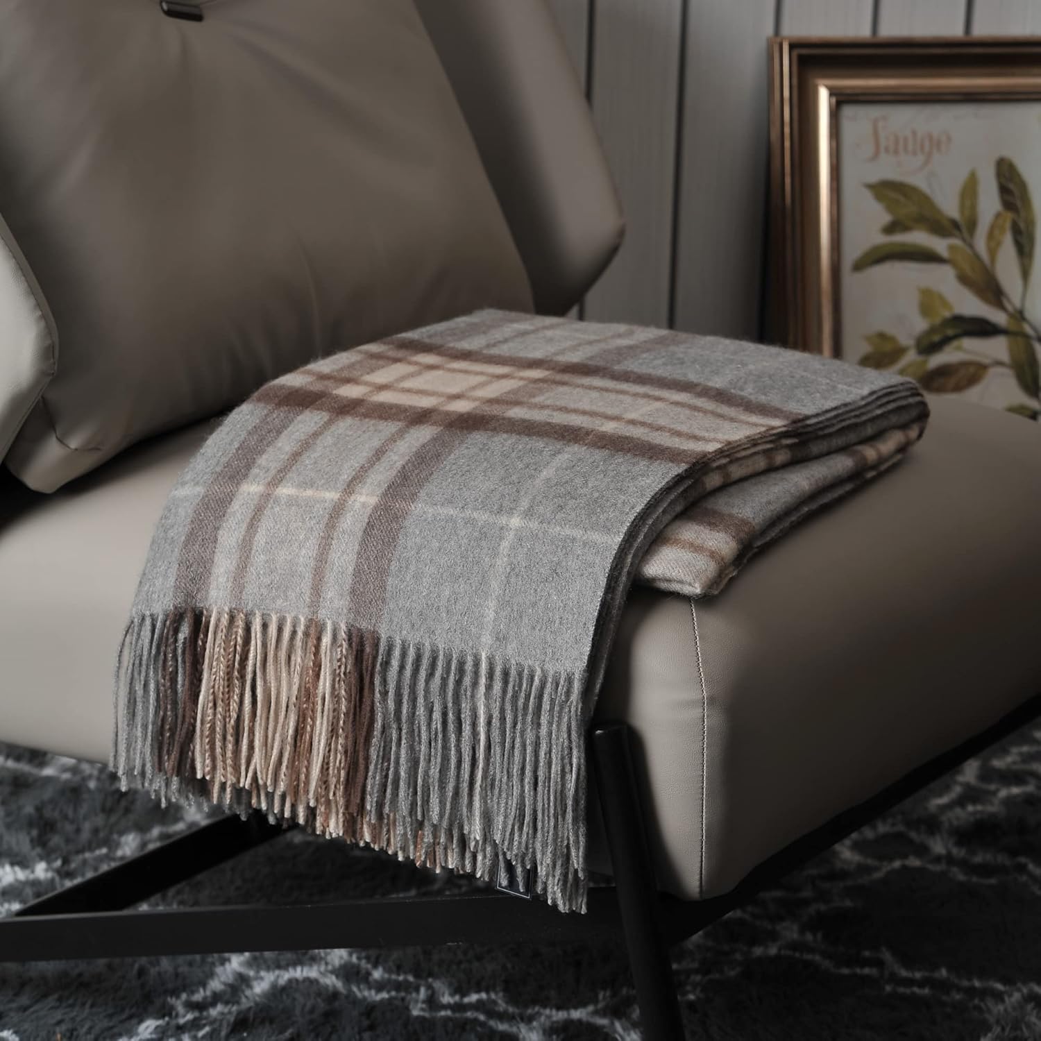 Beige Throw Pillow — Grey Tartan