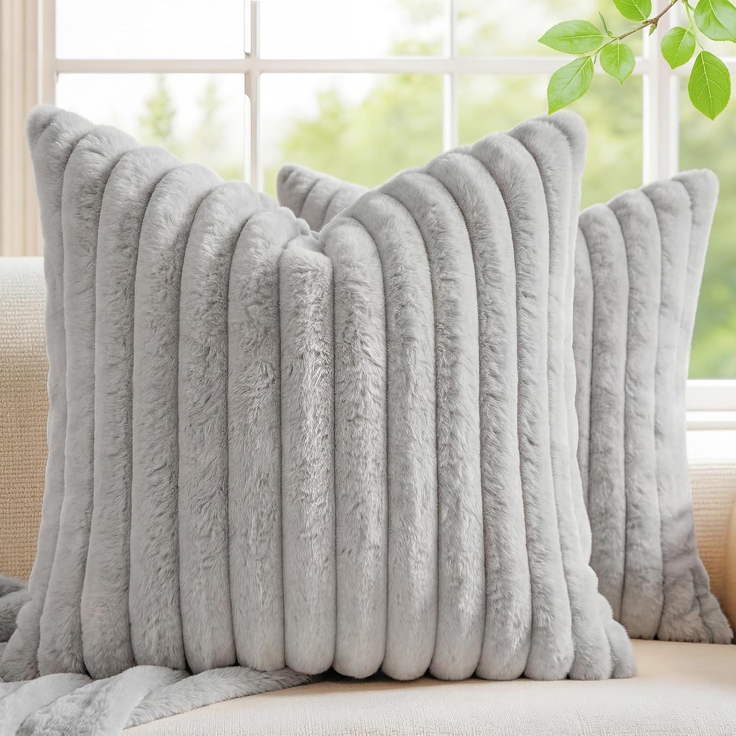 Velvet Farmhouse Beige Throw Pillow Cover — 18" — Gray
