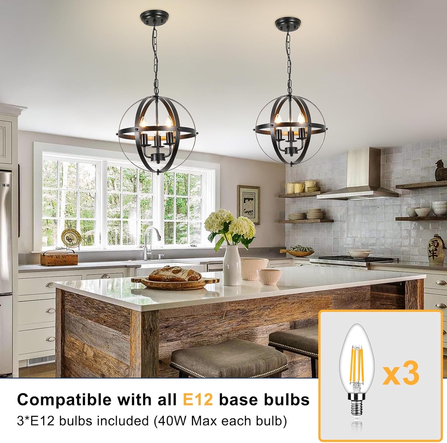 Vintage Black Chandelier — 3-Light - View 3