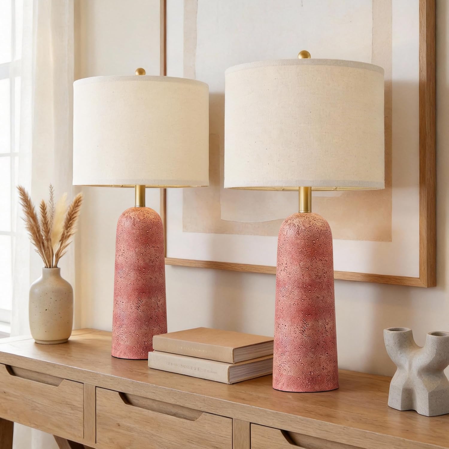Linen Modern Beige Bedside Lamp — 27.25" — Red