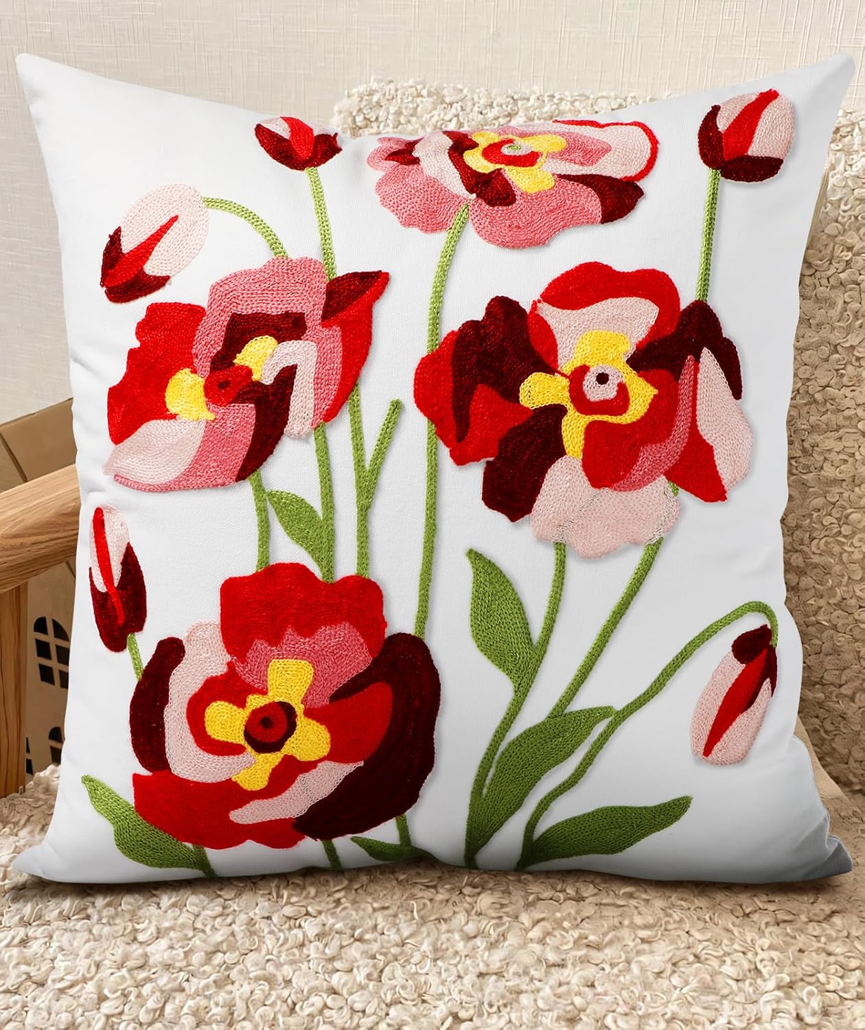 Embroidered Boho Beige Throw Pillow Cover — 18" — Rose Flowers