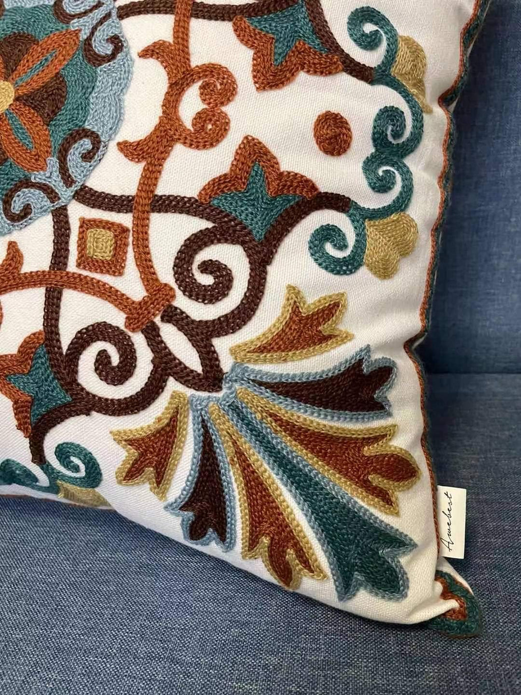 Embroidered Boho White Throw Pillow Cover — 18x18 - View 6