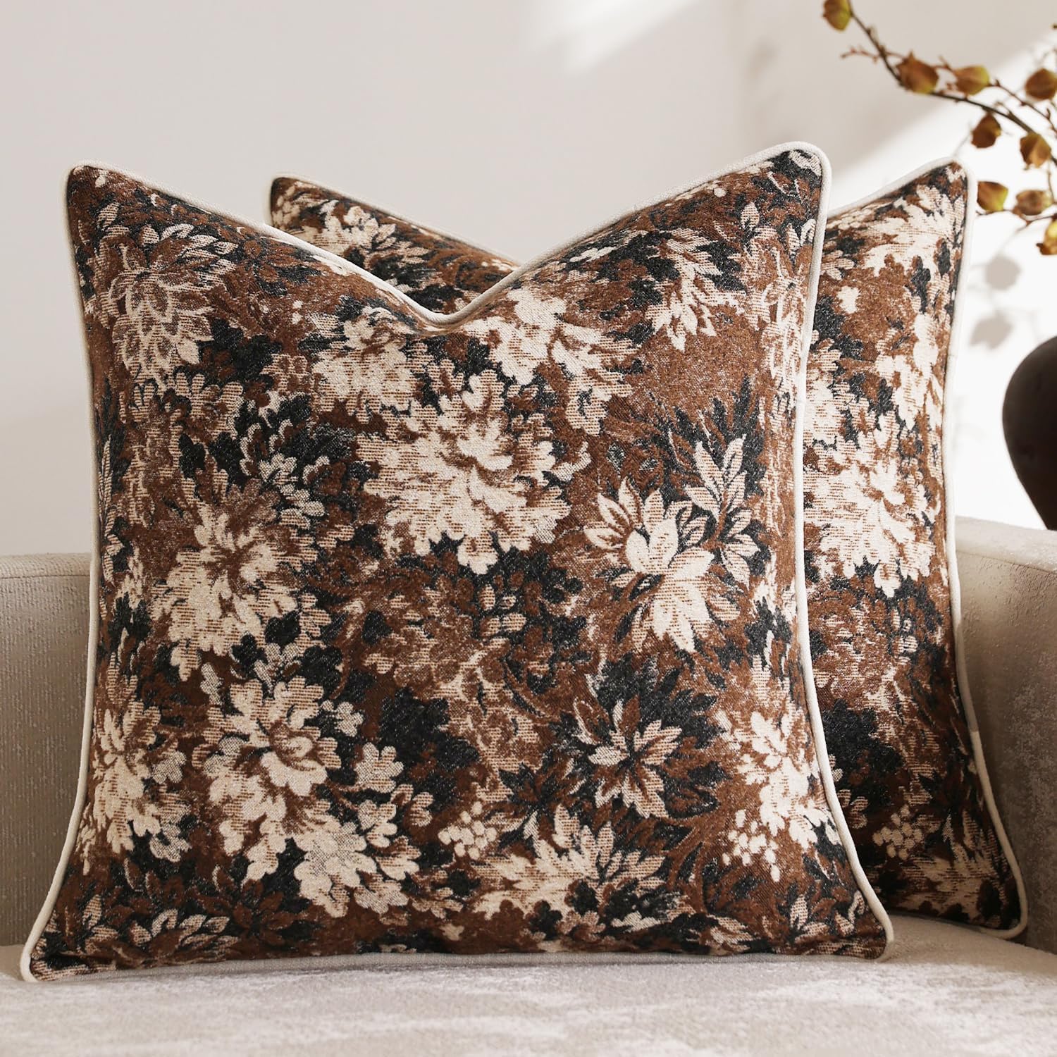 Chenille Boho Beige Throw Pillow — 26" — Dark Brown