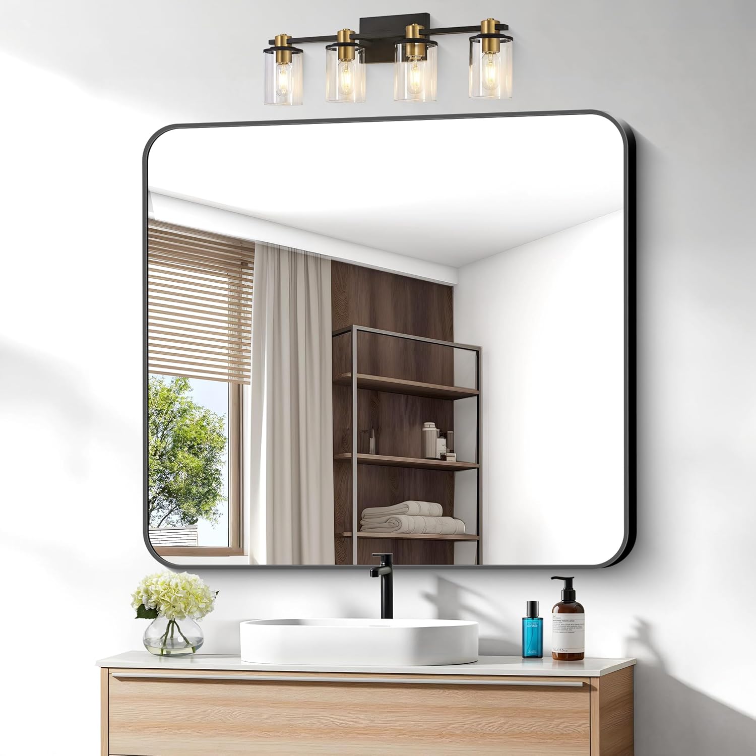 Round Luxe Beige Wall Mirror — 60" — Black Rounded Rectangle