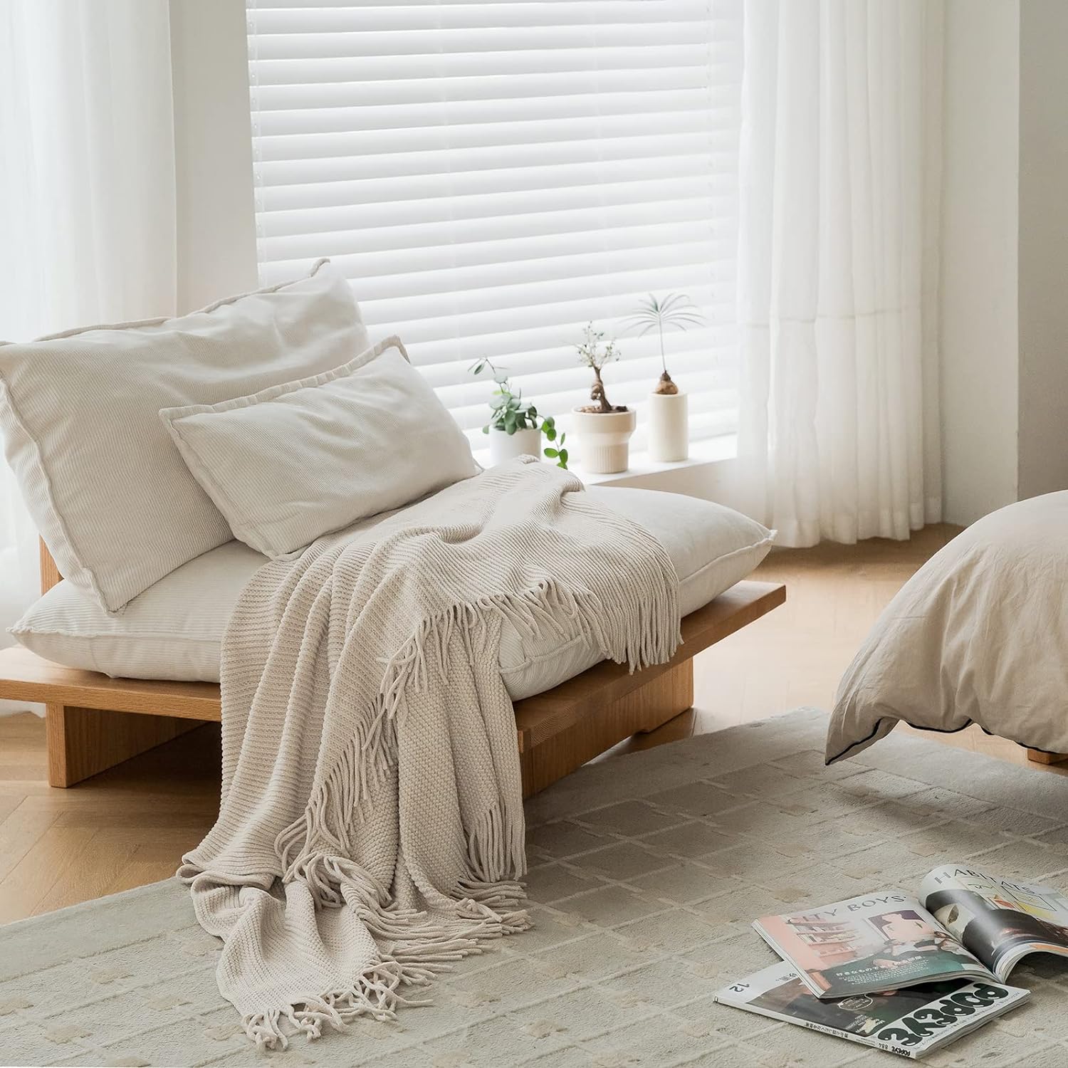 Chenille Boho Beige Throw Pillow — 60" - View 3