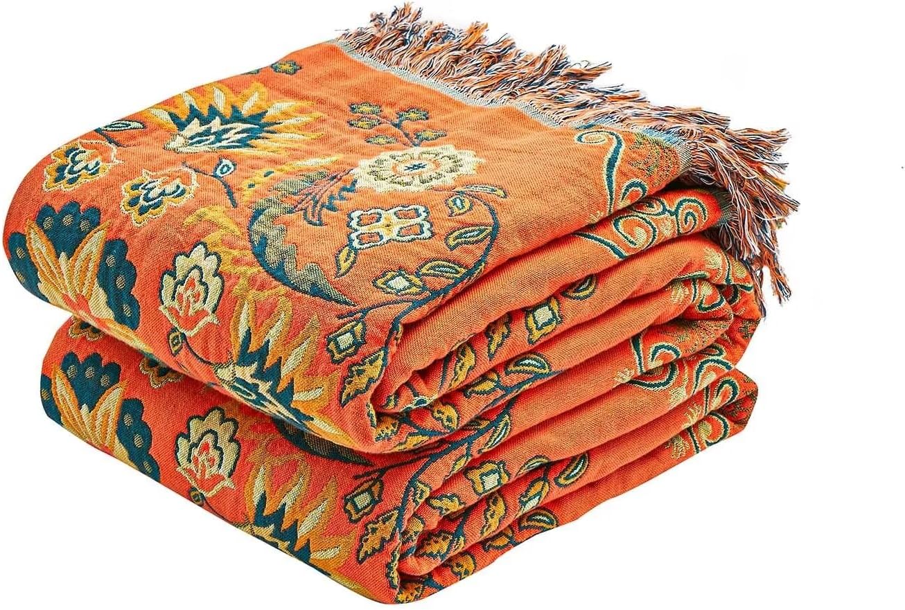 Boho Beige Throw Pillow — 50" — Flowers Orange