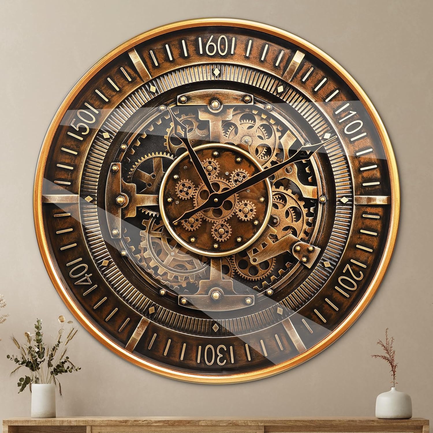 Oversized Farmhouse Brown Wall Clock — 24" — 24 Inch Antique Brass Gold