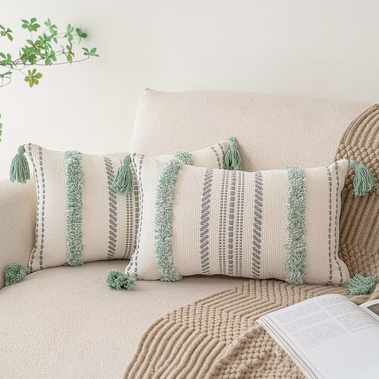 Tufted Boho Beige Throw Pillow Cover — 18" — Light Green