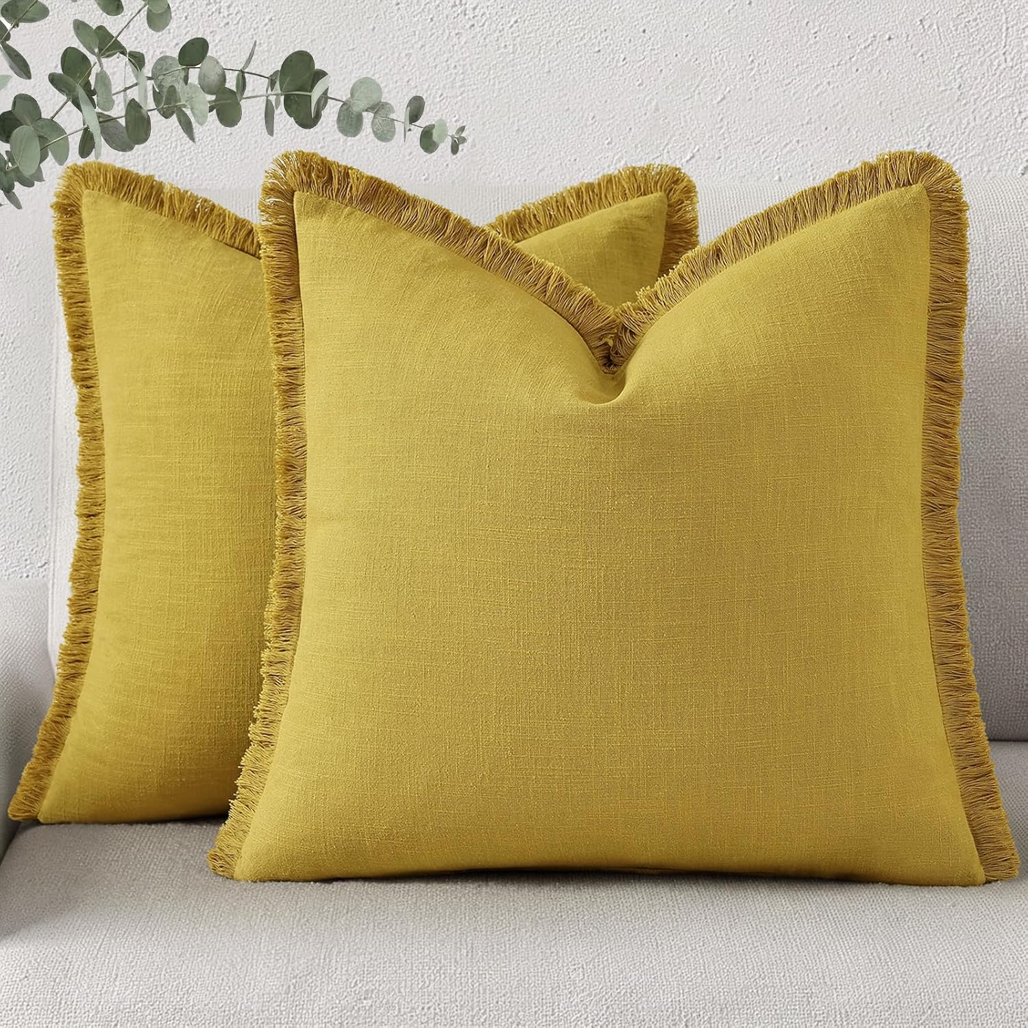 Linen Boho Beige Throw Pillow Cover — 18" — Mustard Yellow