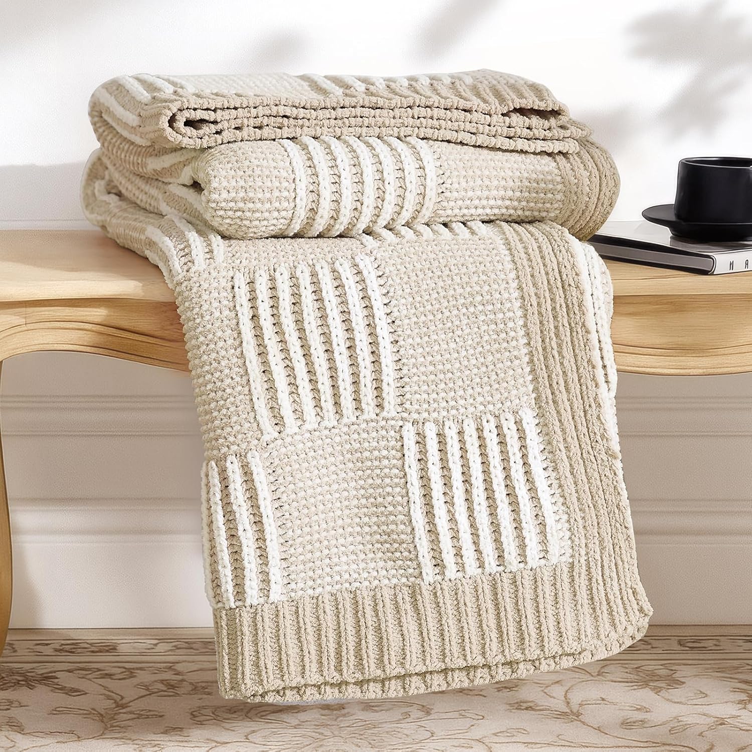 Knit Beige Throw Pillow — 50" — Checkered Beige&ivory