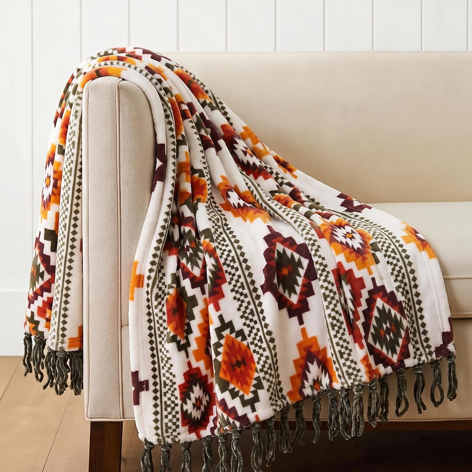 Vintage Boho Beige Throw Pillow — 60" — Orange and Green