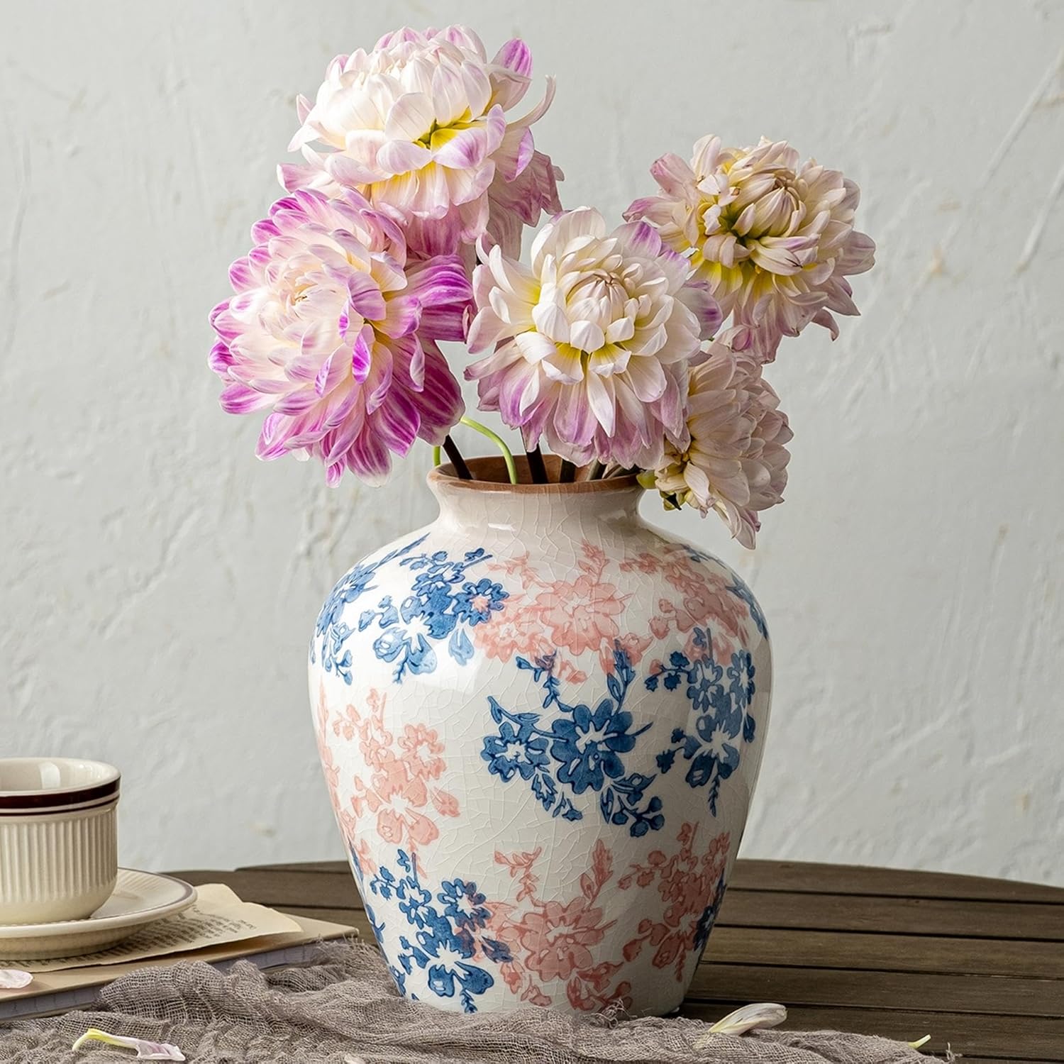 Round Farmhouse Blue Flower Vase — 8" — Pink & Blue