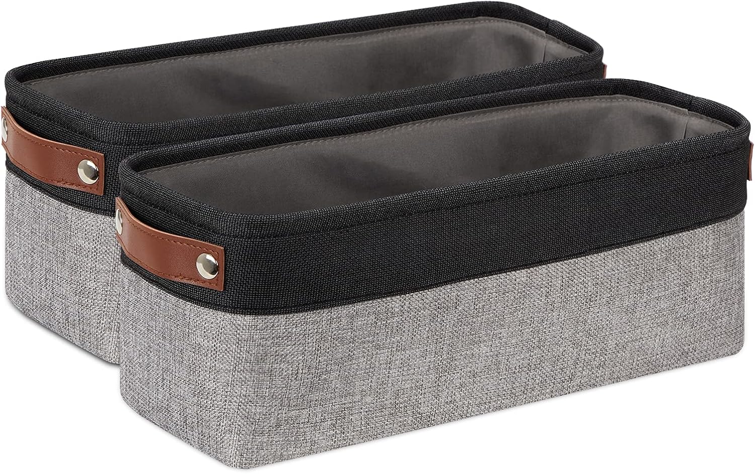 Beige Storage Basket — 17" — Black&Grey-Leather Handles