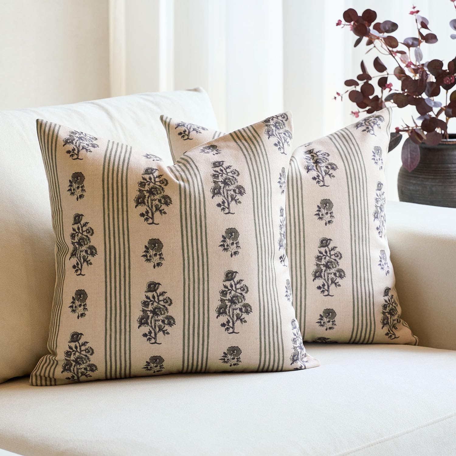 Farmhouse Beige Throw Pillow Cover — 18" — Dusty Green