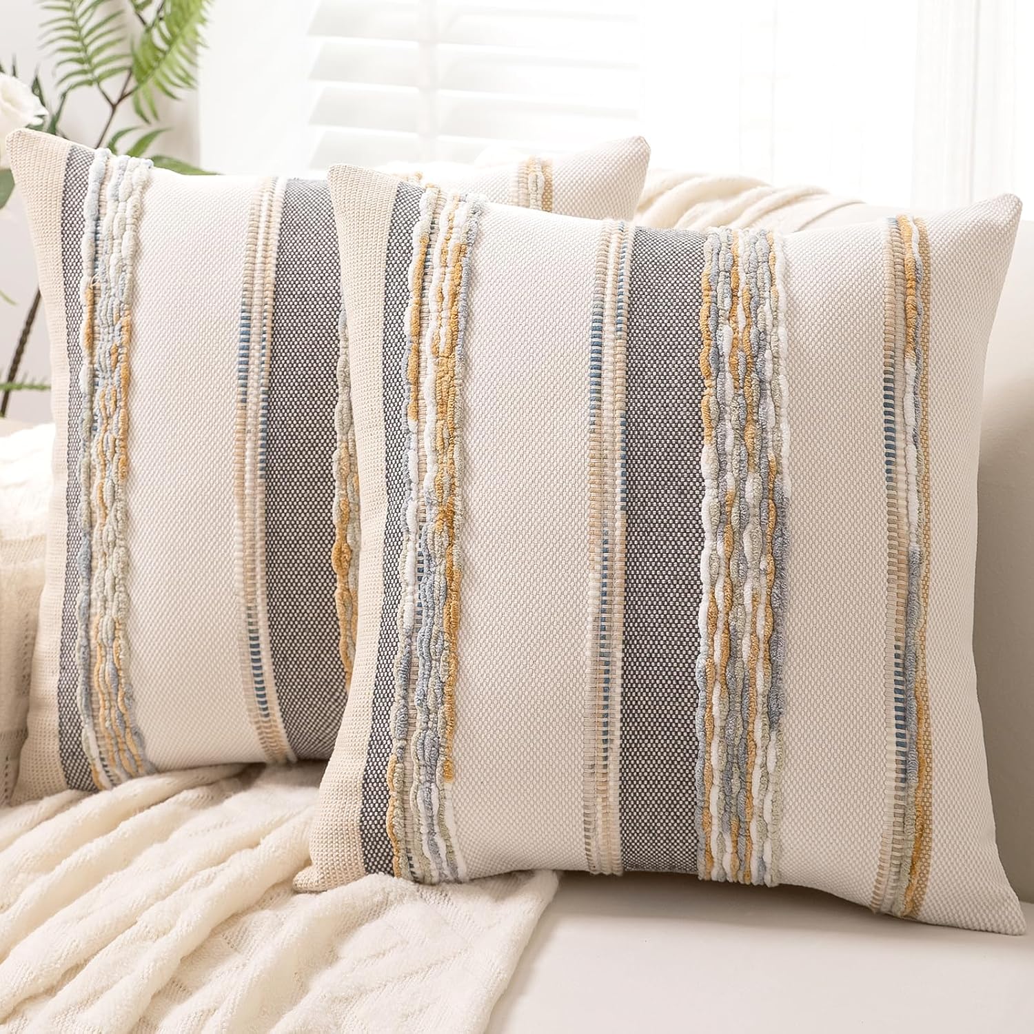 Chenille Boho Black Throw Pillow Cover — 18" — Orange-gray Stripe
