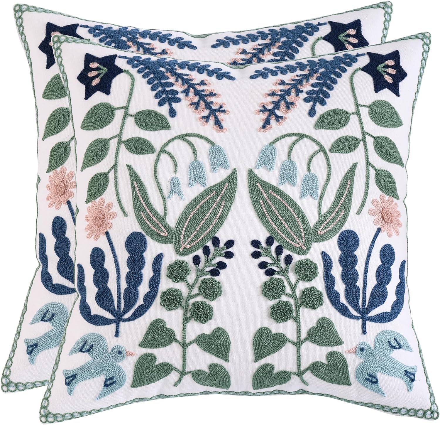 Embroidered Boho Green Throw Pillow Cover — 20" — Green Leaves With Swallows