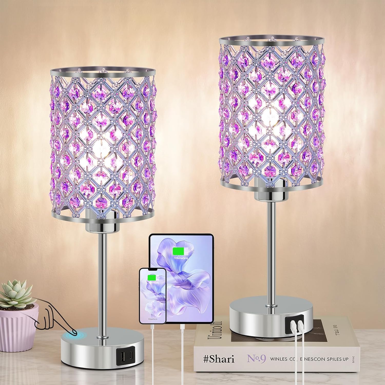 Dimmable Luxe Black Bedside Lamp — 14.75" — Purple-2