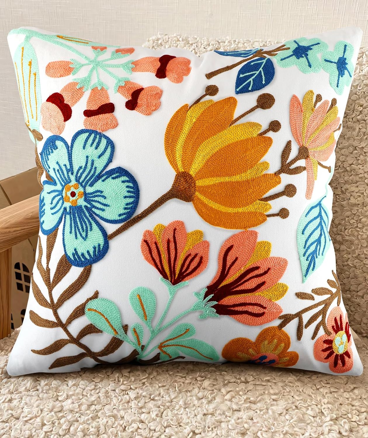 Embroidered Boho Beige Throw Pillow Cover — 18" — Elegant Flowers