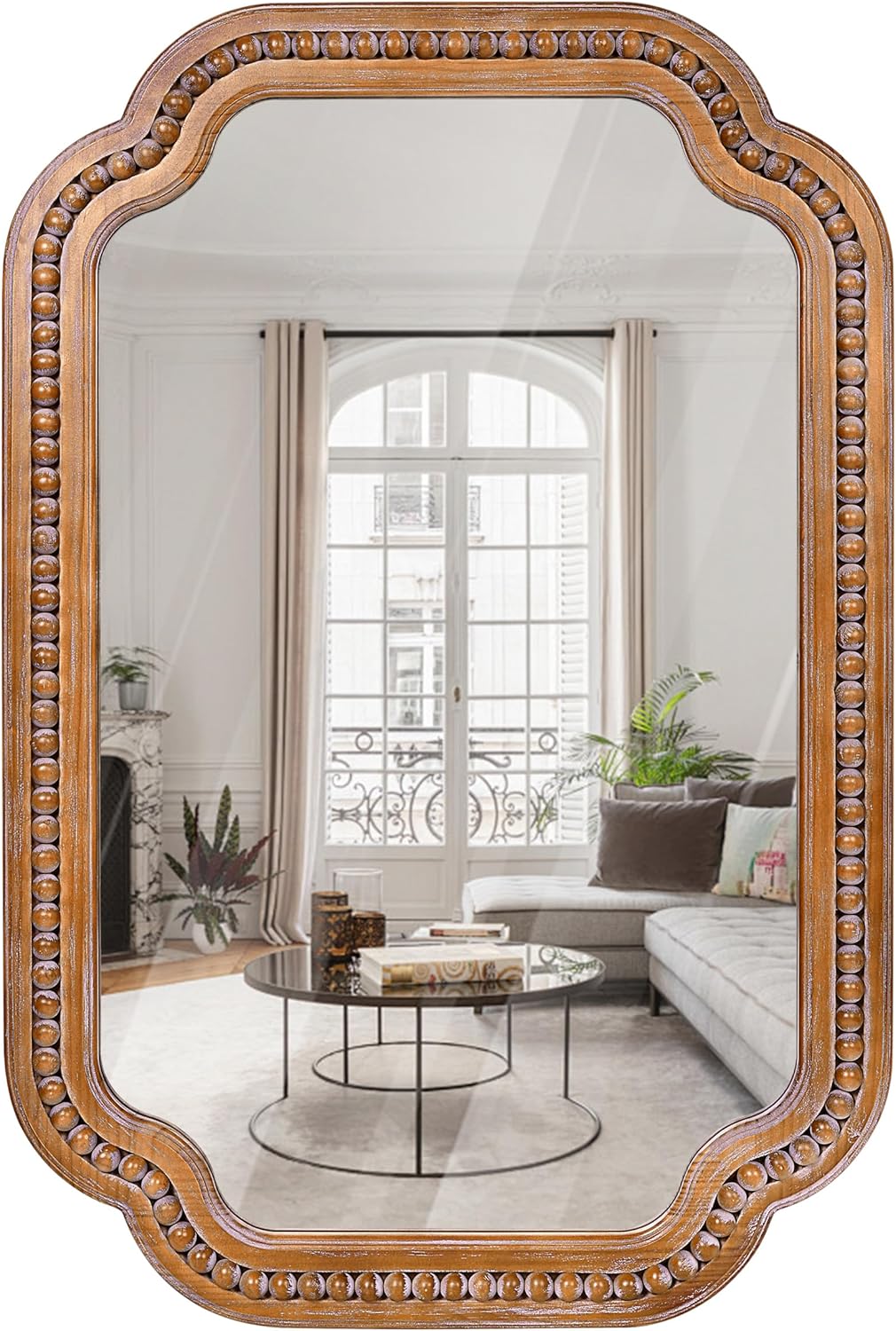 Round Beige Wall Mirror — 30" — F - Beaded Scalloped - 24x36 in