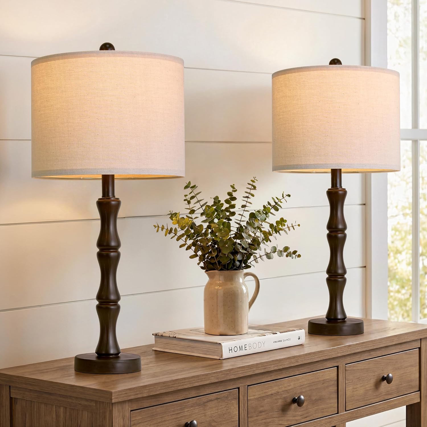 Linen Farmhouse Brown Bedside Lamp — 20.5" — MEDIUM 25“-Dark Brown