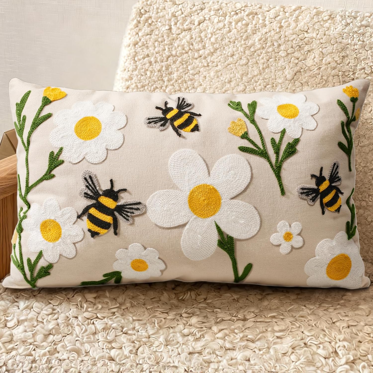 Embroidered Boho Red Throw Pillow Cover — 18" — Flower Bee