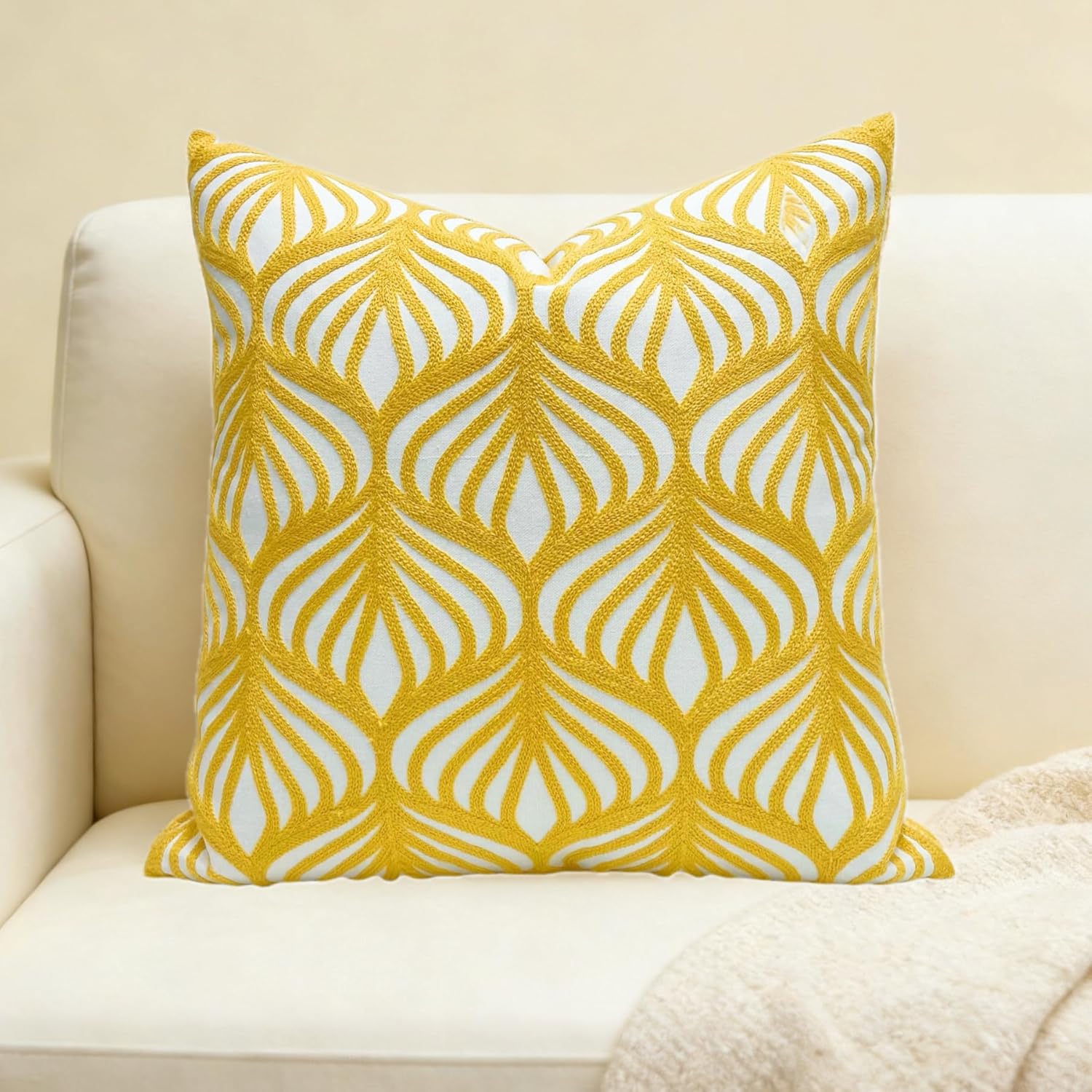 Embroidered Boho Beige Throw Pillow Cover — 18" — Yellow Leaves