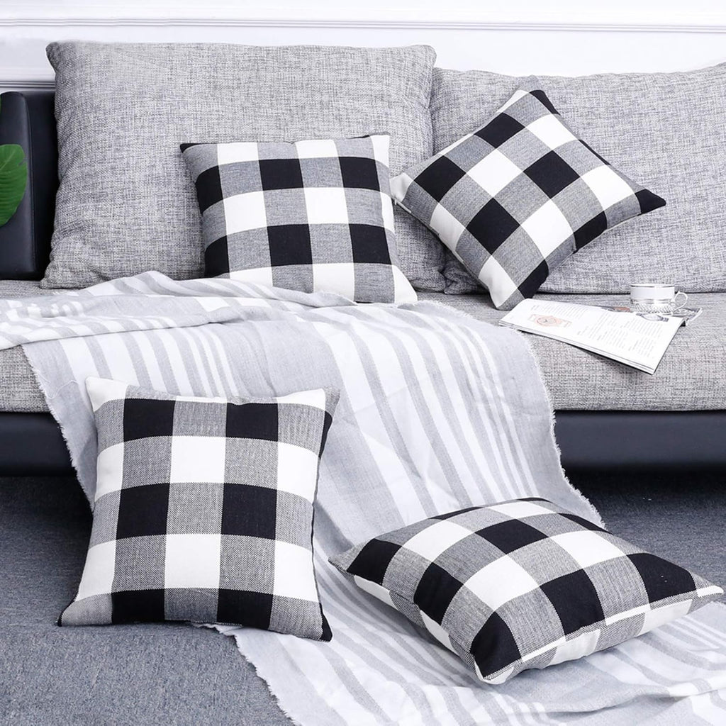 Chenille Boho Beige Throw Pillow Cover — 20" — Plaid Black White