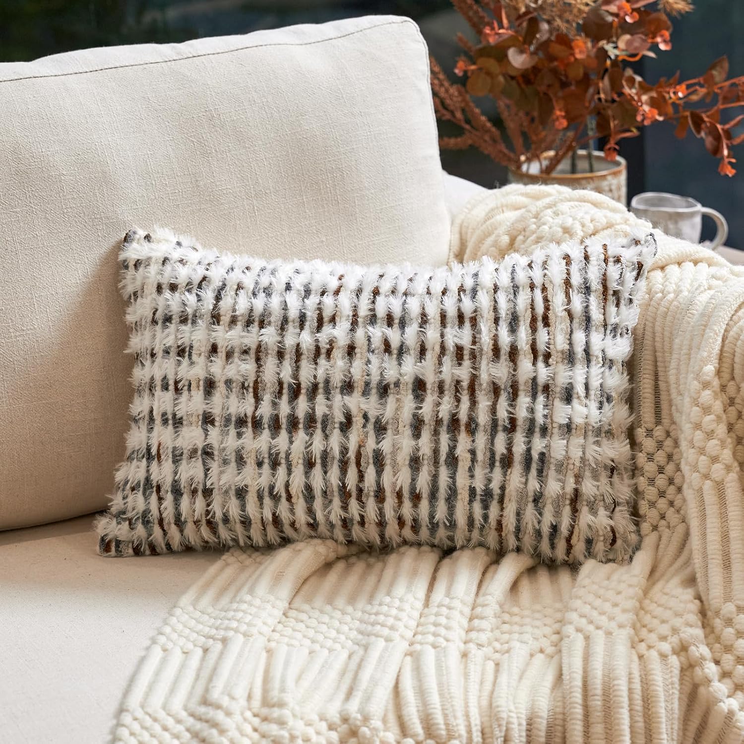 Tufted Boho Black Throw Pillow Cover — 20" — Brown White