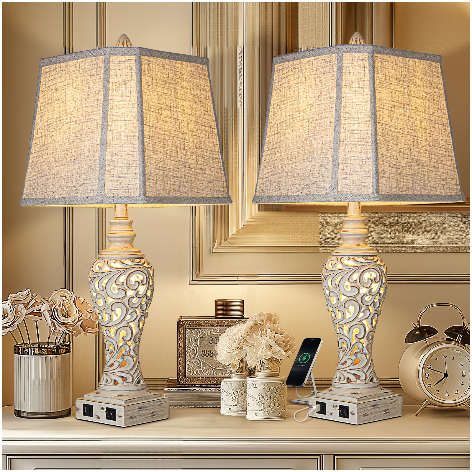 USB Beige Bedside Lamp — 28.5"