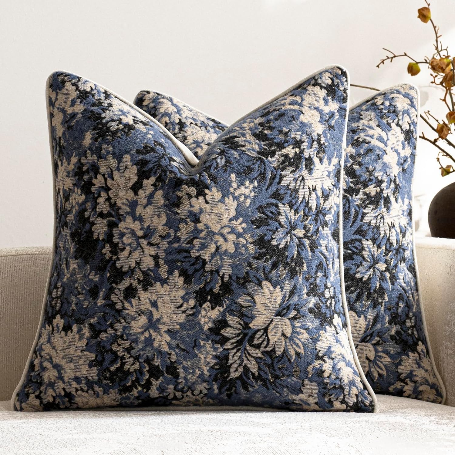 Chenille Boho Beige Throw Pillow — 26" — Dusty Blue