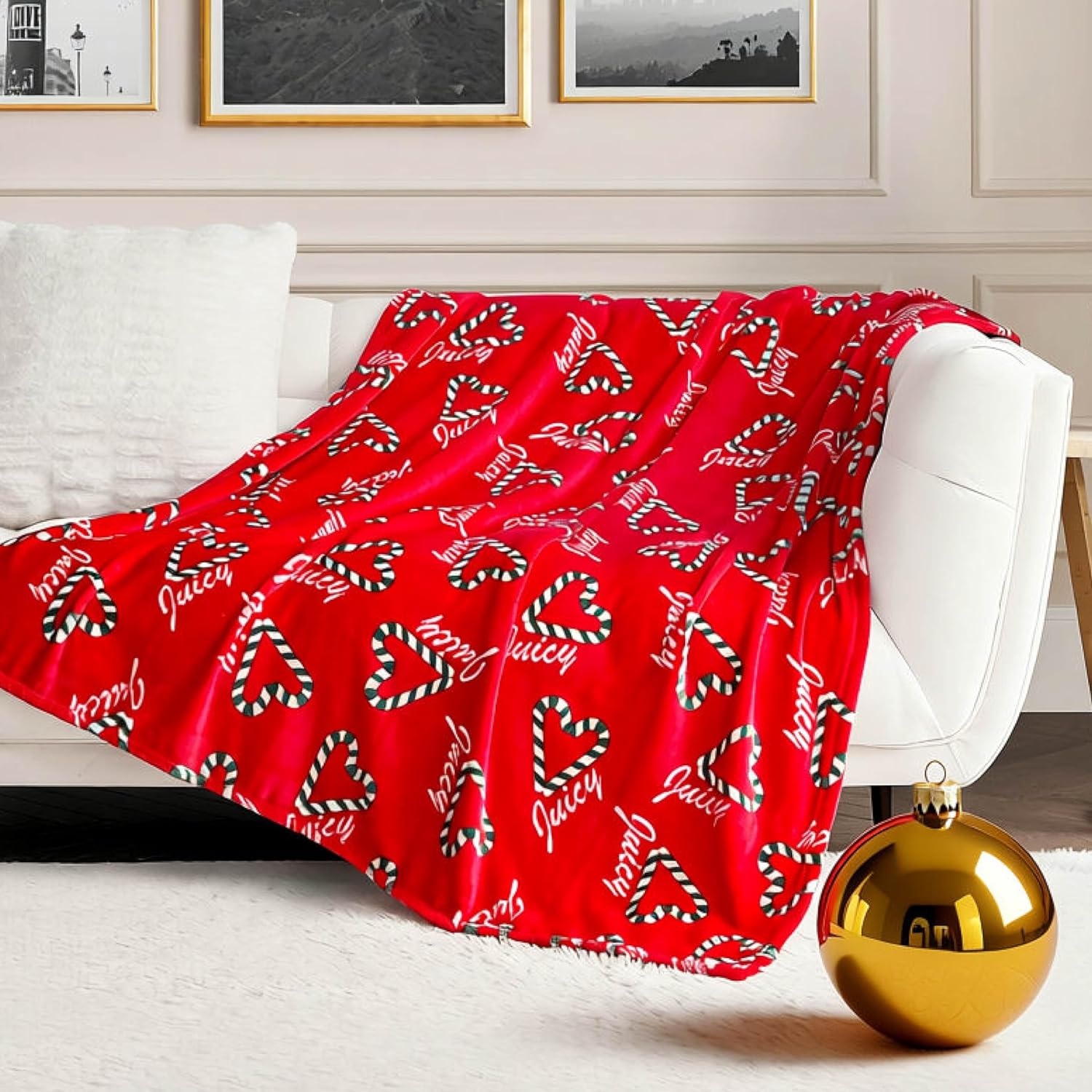 Black Throw Pillow — 50" — Candy Cane Hearts Red