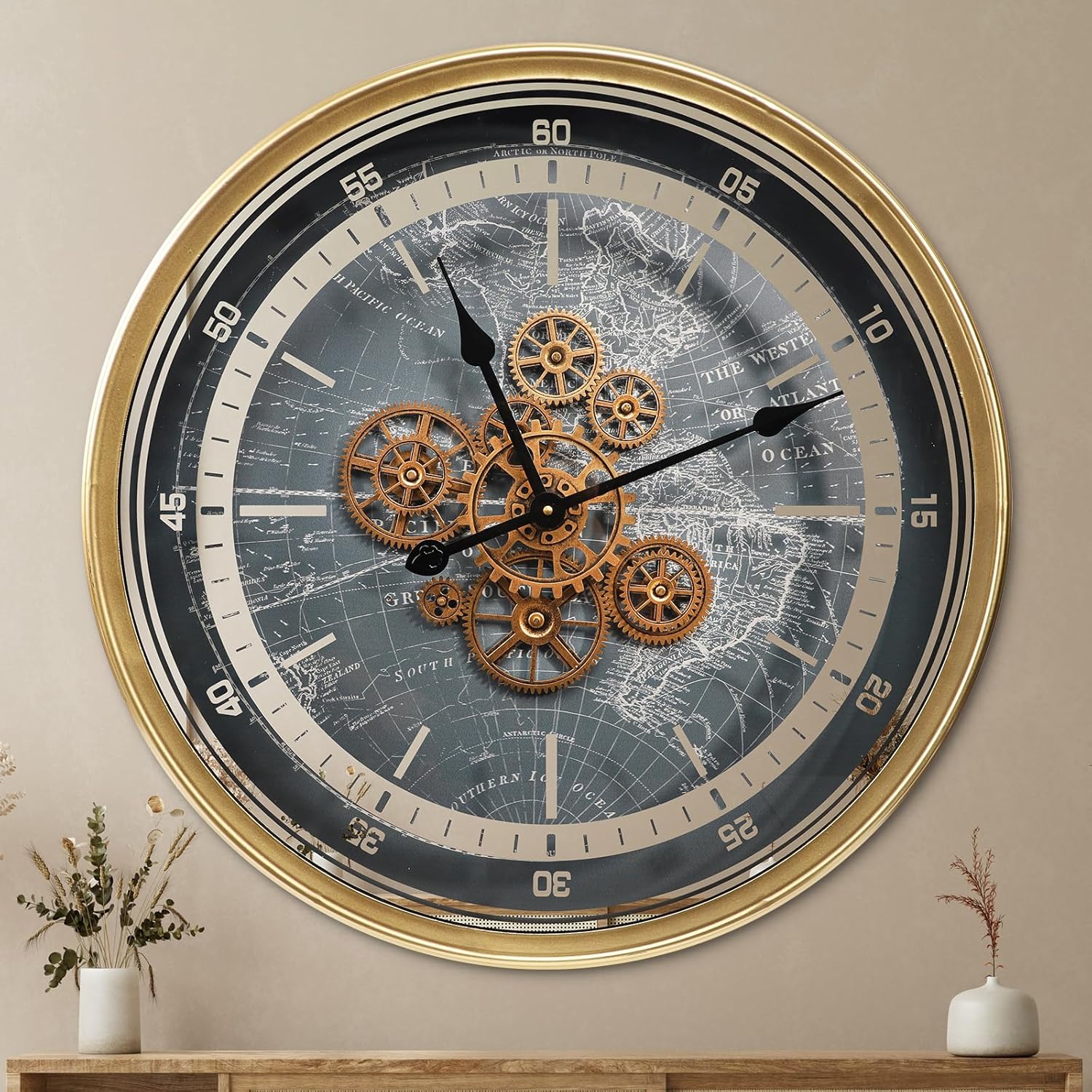 Oversized Farmhouse Brown Wall Clock — 24" — 24 Inch Golden World Map