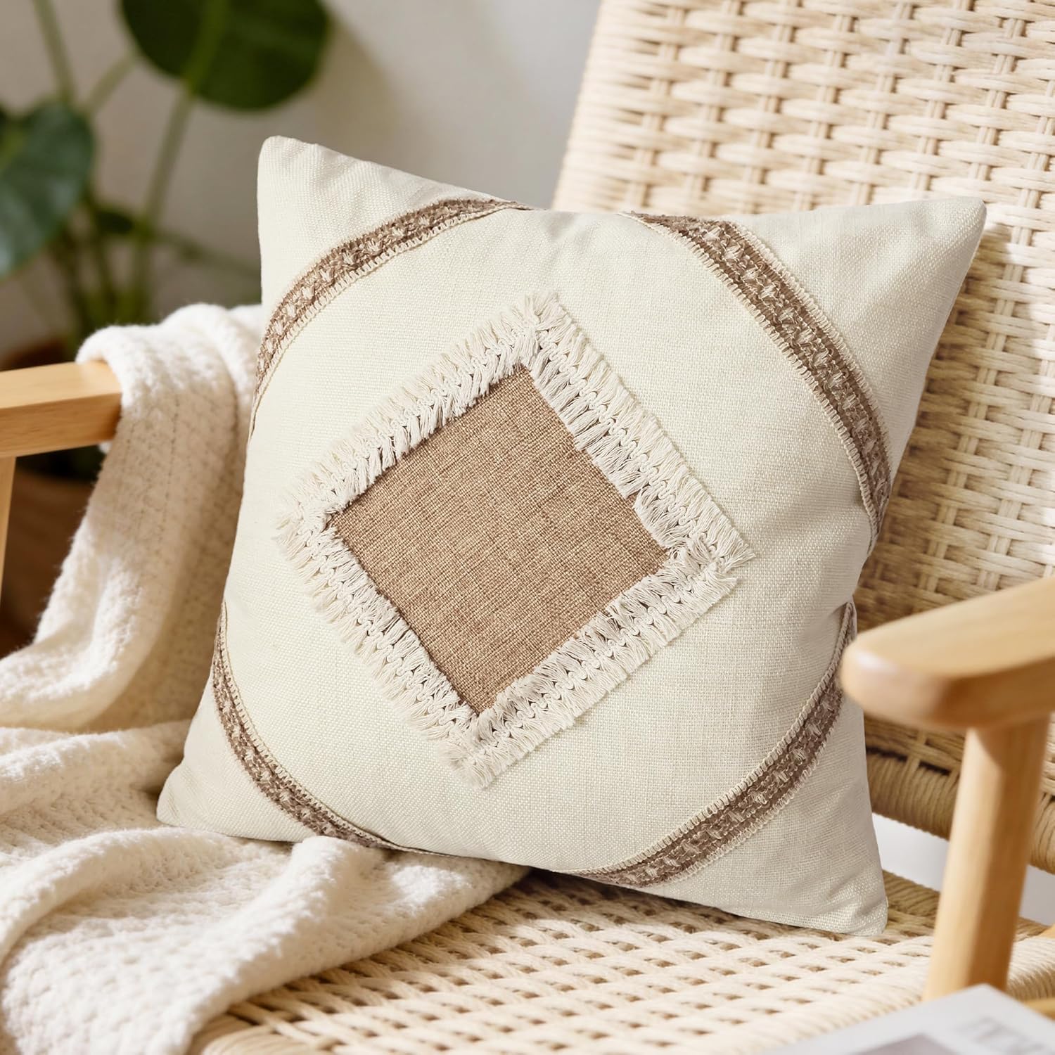 Linen Boho Beige Throw Pillow Cover — 18" - View 8