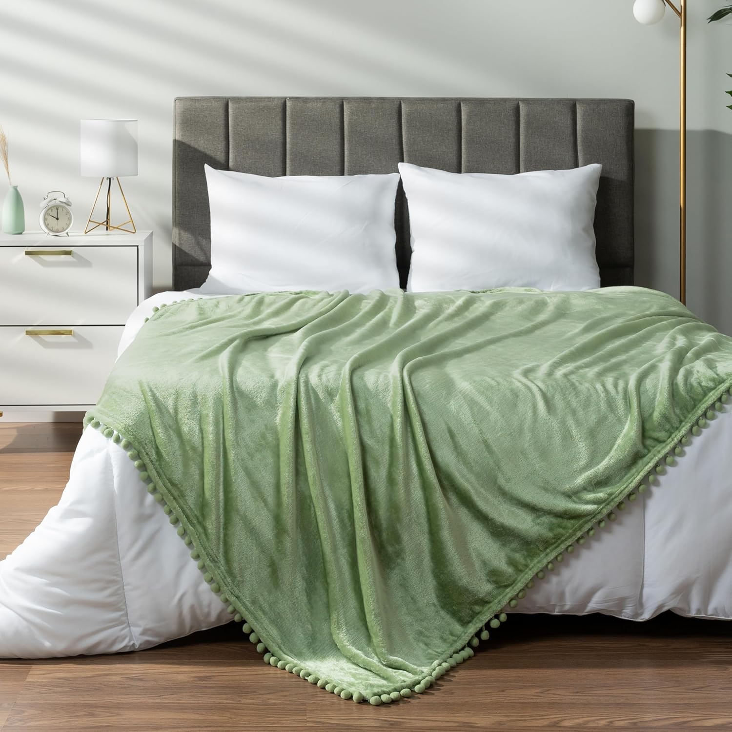 Pom Pom Beige Throw Pillow — 50" — Sage Green