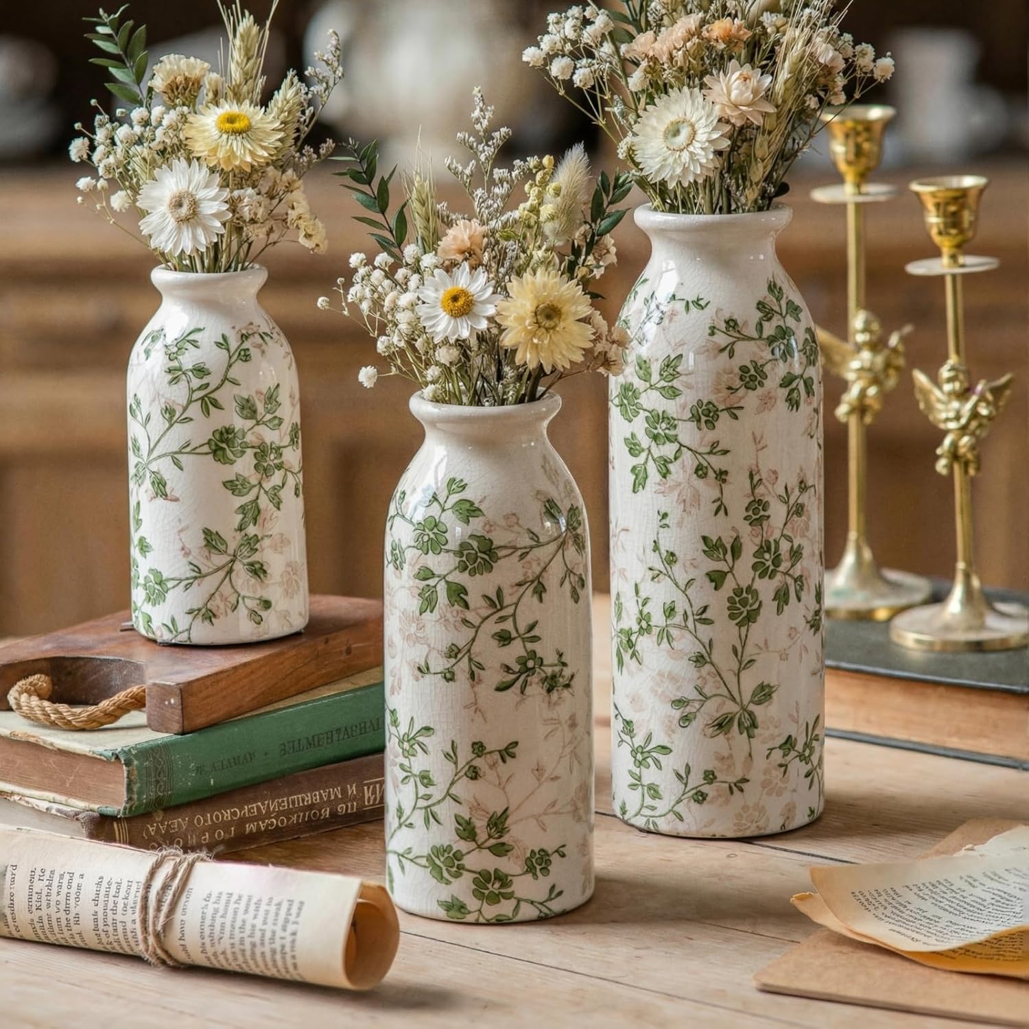 Vintage Farmhouse Green Flower Vase — Set of 3 — Green and White