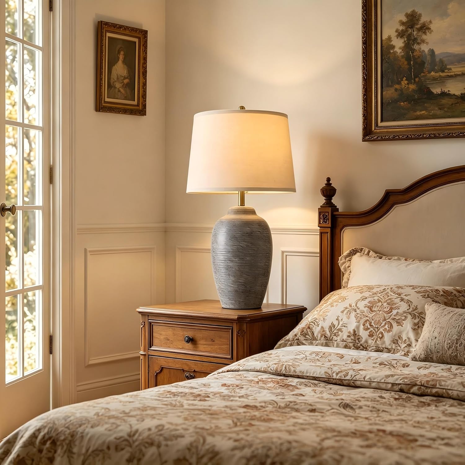 Vintage Farmhouse Beige Bedside Lamp — 24.5" — 29.5"-Purple-grey