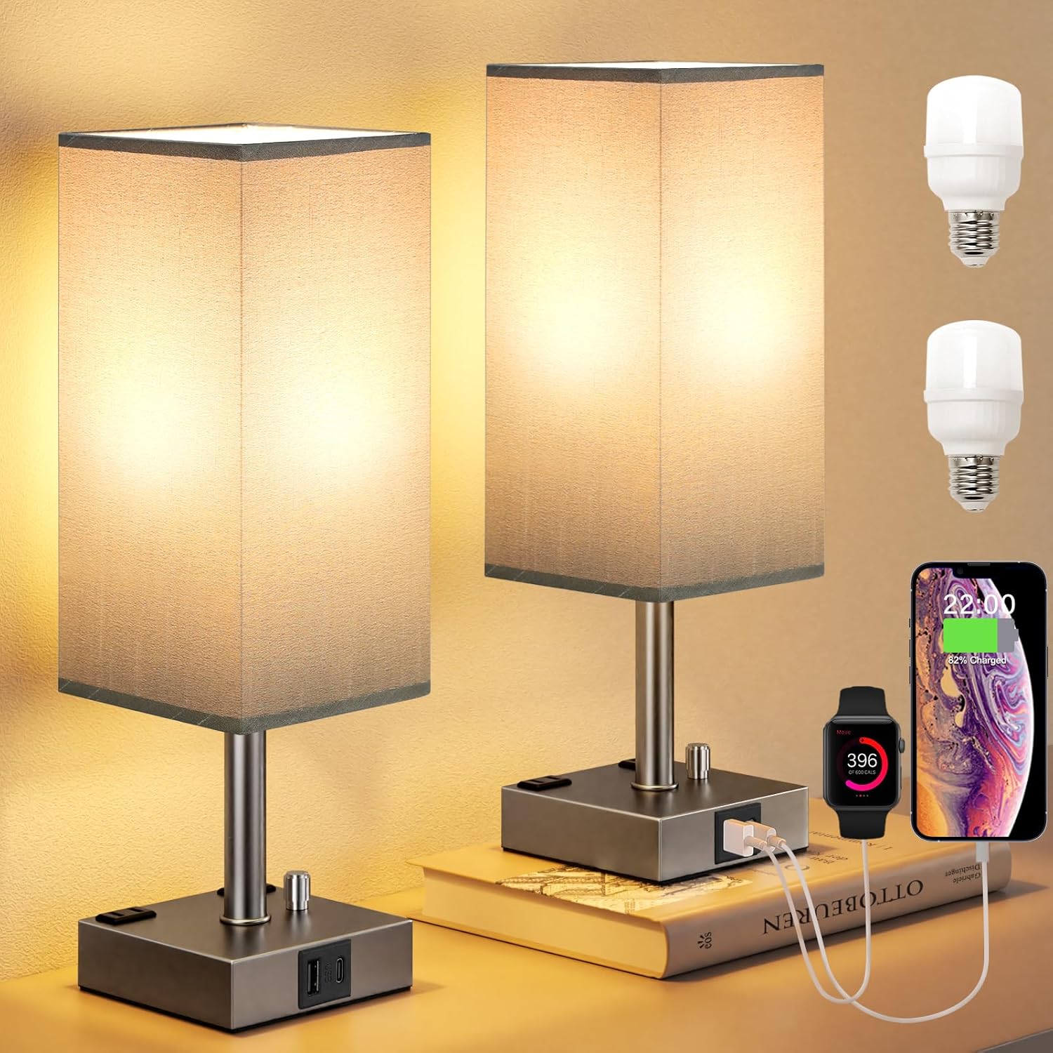 Dimmable Beige Bedside Lamp — Set of 2 — Grey-Grey