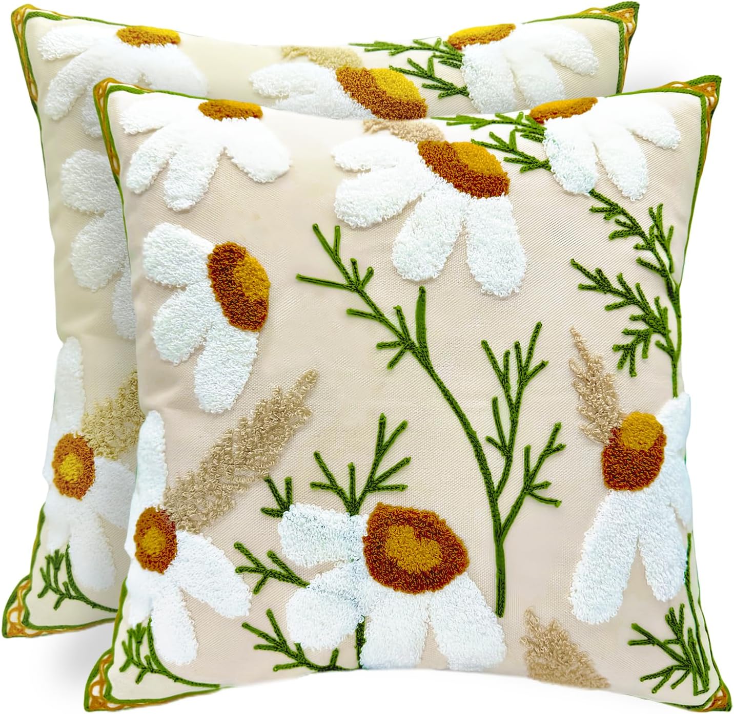 Embroidered Boho Blue Throw Pillow Cover — 18" — Daisy White