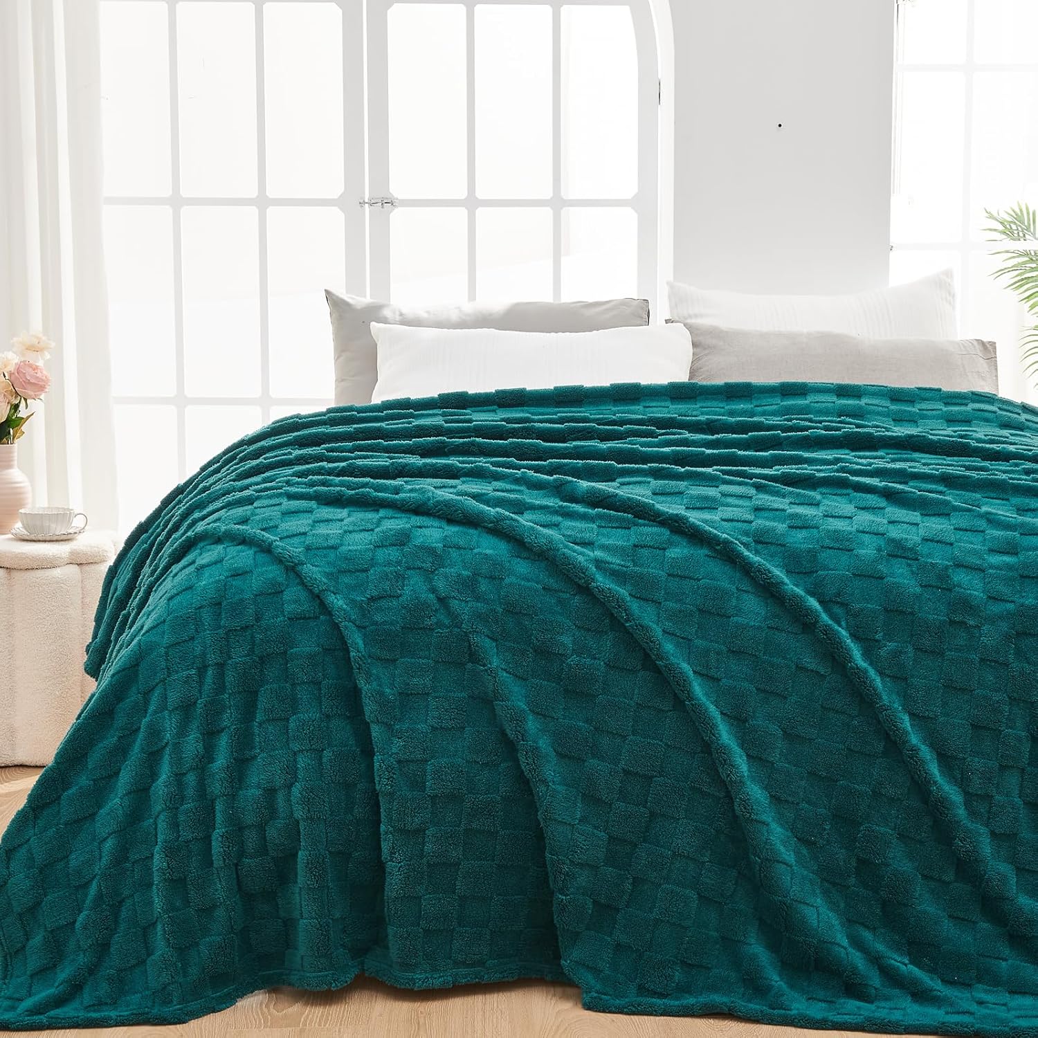 Beige Throw Pillow — 50" — Dark Teal Checkered