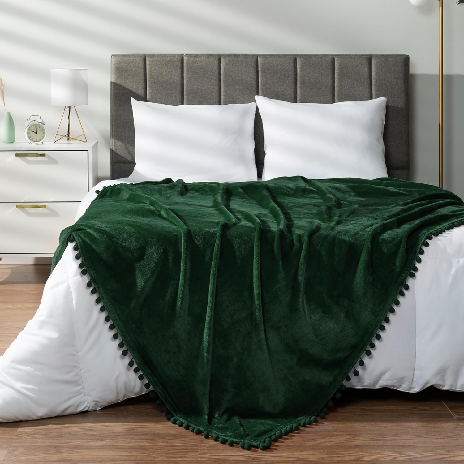 Pom Pom Beige Throw Pillow — 50" — Emerald Green