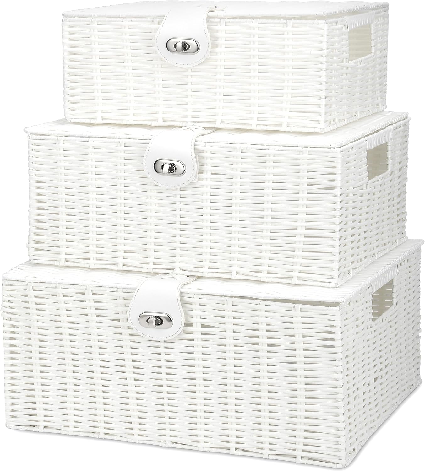 Boho Black Woven Basket — Set of 3 — White
