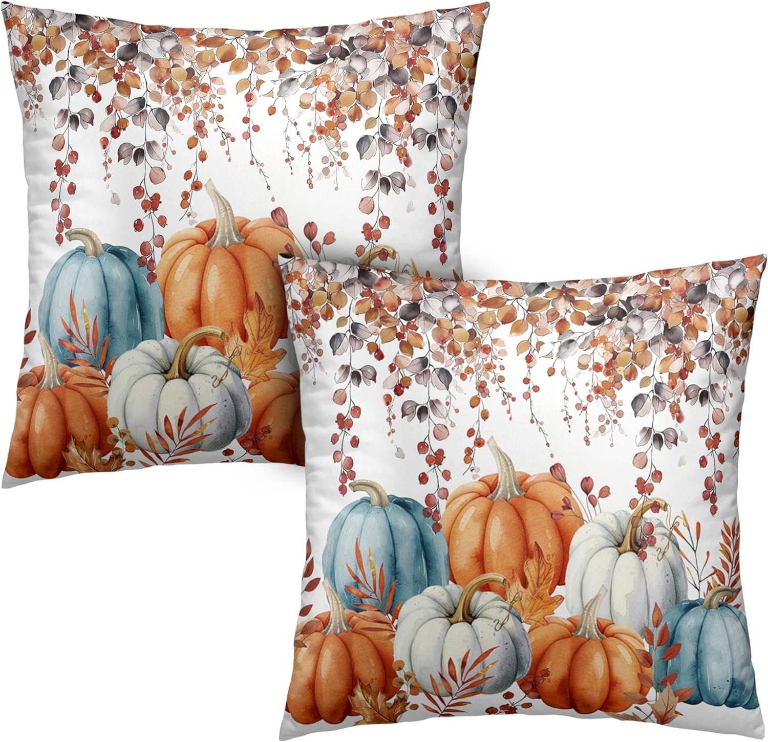 Boho Blue Throw Pillow Cover — 18" — Fall Pumpkin-d